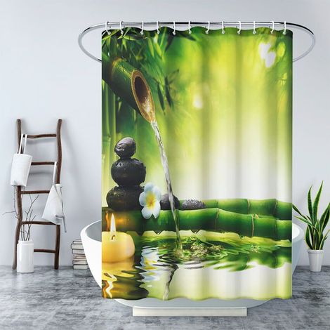 Rideau de Douche en Polyester Imperméable et Antimoisissure, Lavable en Machine, 180x180 cm, avec 12 Crochets, Motif Bambou Vert pour Salle de Bain (1/5)