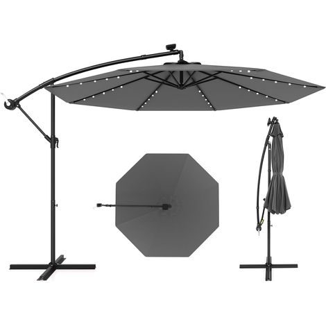 COSTWAY Ombrellone da Giardino Ø 300 cm con 40 Luci LED a Energia Solare, Parasole Inclinazione Regolabile con Interruttore e Manovella, Ombrellone per Estrerno Stabile Contro il Vento, Grigio