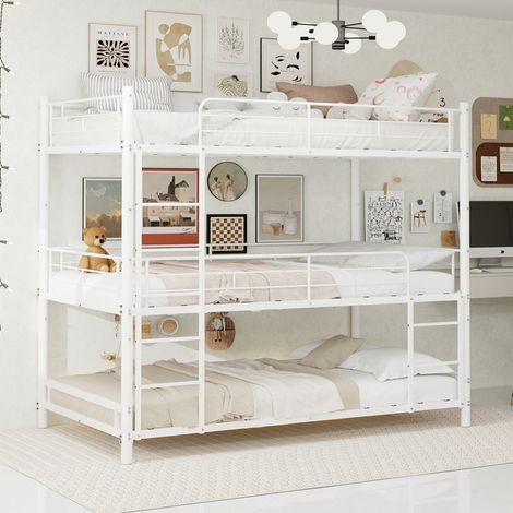Gain de place pour chambre, lit superposé triple en métal 90x190 cm avec garde-corps et échelle intégrée (1/5)