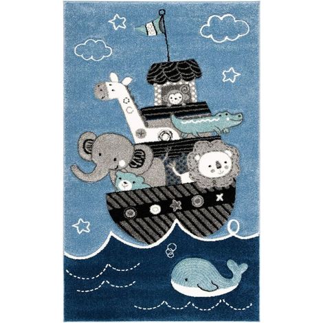 Tapis Enfant 60x160cm Motif Animal Bleu Gris Salon Chambre Crèche Résistant à lUsure Facile à Nettoyer Hypoallergénique (1/4)