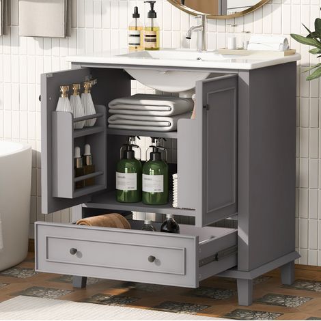 Waschbeckenunterschrank freistehend modern grau aus lackiertem MDF mit Keramikwaschbecken, 2 Türen 1 Schublade, 76x46x87 cm (1/5)