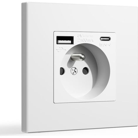 Prise Murale avec USB et 1 Type C,16A Prise de Courant Alternatif avec Panneau en Plastique,Multiprise Murale(Max 2.1A),Convient au Smartphone,à la Tablette (1 Prise avec USB et Type C,Blanc) (1/5)