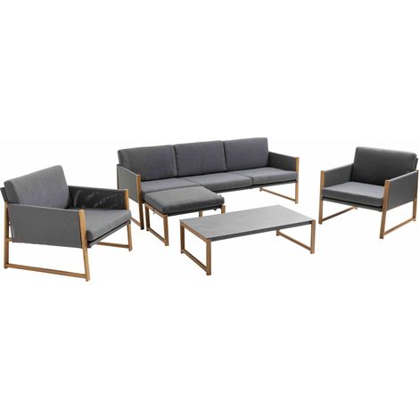 Oviala – Salon de jardin 5 places en aluminium gris – Canapé 3 places avec bout d'angle – Fauteuils en textilène – Table basse en verre marbré