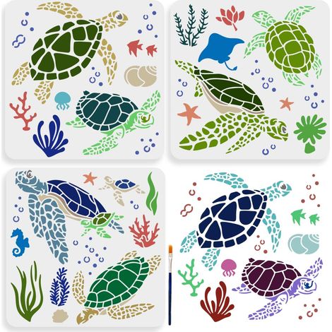 3 Grands pochoirs en forme de tortue de mer 30 x 30cm avec pinceau Modèle de Pochoirs Corail Conque Hippocampe Algue Monde sous-marin pour toile, mur, bois, loisirs (1/5)