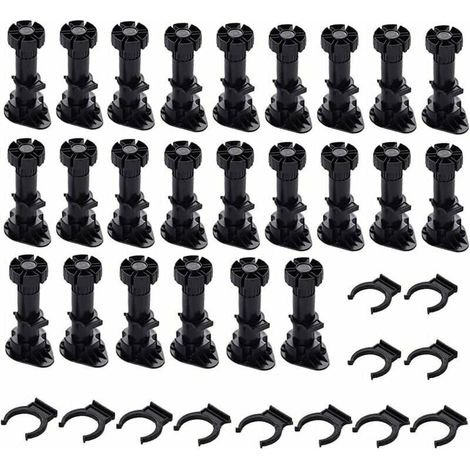 24 Pièces Pieds D'Armoire Plastique, Pied de Meuble, Pied Réglable pour Meuble, Noir Pieds de Meuble Plastique avec Clip Fixation Base pour Meubles de Cuisine, Armoire et Canapé (60mm-8mm)