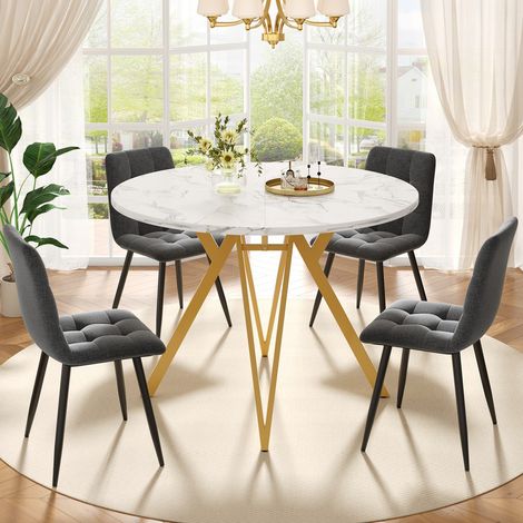 Ensemble Salle à Manger 5 Pièces - Table Ronde Ø100cm Marbre & Pieds Or - 4 Chaises Lin Gris - Style Moderne (1/5)