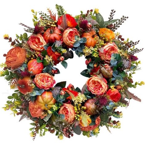 Couronne d'Automne Pivoines et Citrouilles - Couronne Artificielle pour Porte d'Entrée, Déco Ferme, Thanksgiving, Fête, Toute l'Année (1/5)