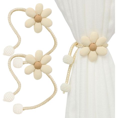 alzapaños para cortinas sin taladro, color beige, con forma de flor para decoración de ventanas de hogar, oficina y hotel (bucle de cuentas) (1/5)