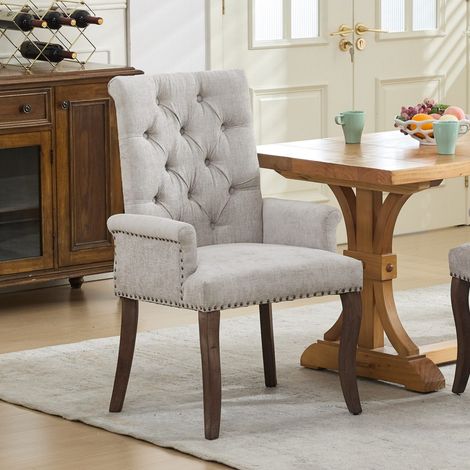 Chaise repas capitonnée beige chenille accoudoirs pieds bois massif courbé 69x57x100,5cm siège salon vendue unité (1/5)