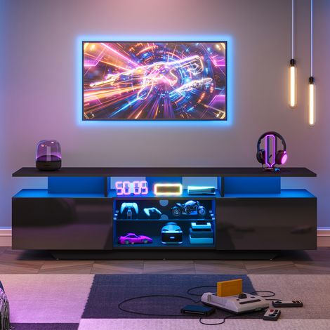 Meuble TV LED 160x40x45cm,2 placards,8 rangements,verre trempé, façades noir brillant,pour TV jusqu’à 70 pouces,MDF,Noir (1/5)