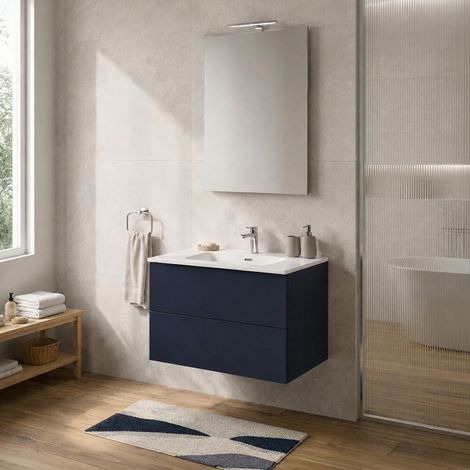 Mobile bagno sospeso 70 cm blu due cassetti push-pull e lavabo Tierra (1/5)
