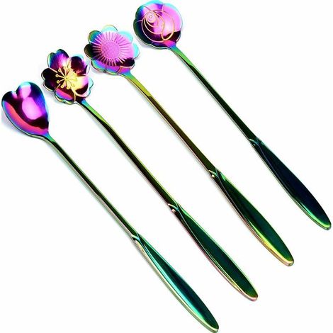 Cuillères à café  Ensemble de cuillères à fleurs, cuillères à thé réutilisables en acier inoxydable Cuillère à mélanger Cuillère à café Cuillères à crème glacée Vaisselle pour le thé, Lot de 4 - Style