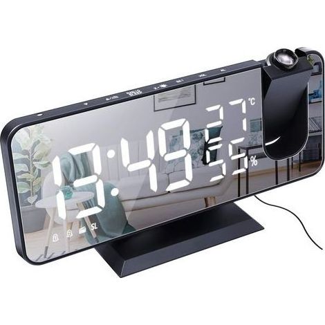 Réveil à Projection pour Chambre à Coucher Grand écran Miroir LED 7,4 '' et Radio-réveil à 4 Gradateurs avec Chargement USB Rotatif à 180 ° 2 Sons Noir-Blanc (1/5)