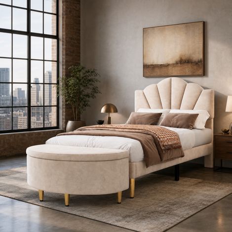Letto 90x200 cm in velluto con testiera regolabile, piedi metallici dorati, beige DESVIAE (1/5)