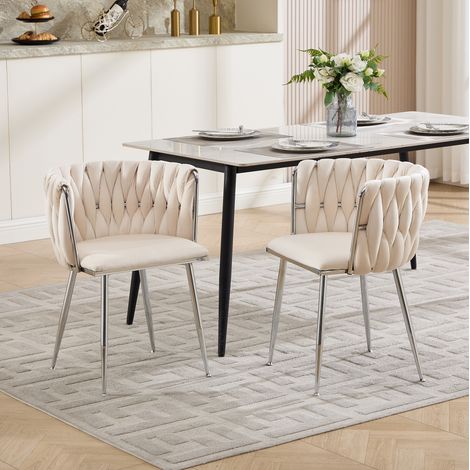 Chaise de salle à manger lot de 2, tissu ivoire, pieds métalliques argentés HAVRYA (1/5)