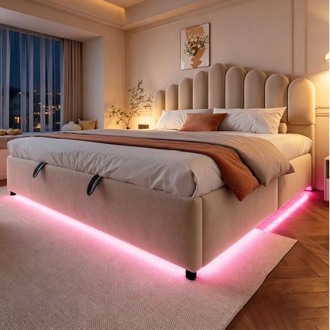 Etagenbett 180/200 cm aus Samt in Beige mit Stauraum und LED (1/5)