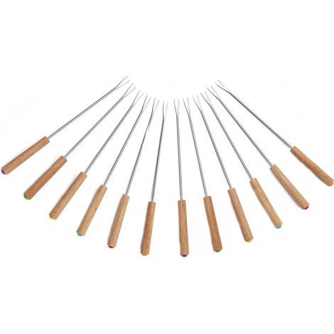 12-piece Stainless Steel Fondue Forks with Wooden Handles, 24 cm Long, for Cheese Fondue, Chocolate Fondue, Marshmallow Skewers over a Wood Fire, or Fruit Forks, Utensil (1/5)