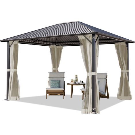 TOOLPORT Gartenpavillon 3x3,65 m mit Stahldach - Hardtop Pavillon mit 4 Seitenteilen und Moskitonetzen in Cream