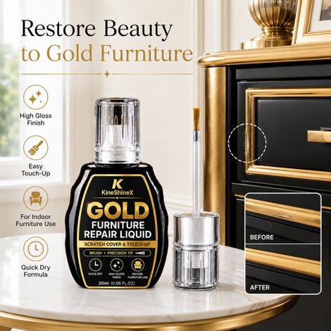 KineShineX Gold Liquide de réparation pour meubles 20 ml, pinceau double embout pour des retouches précises des éclats de peinture sur les tables, chaises, armoires, portes et cadres photo. (1/4)