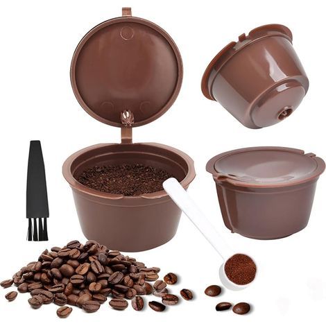 3PCS Filtres à Café Non Jetables, Réutilisables Capsules Rechargeables à Cafe, Compatibles avec Machines Nescafe Dolce Gusto avec 1 Cuillère à Café et 1 Brosse à Nettoyer -Marron (1/5)
