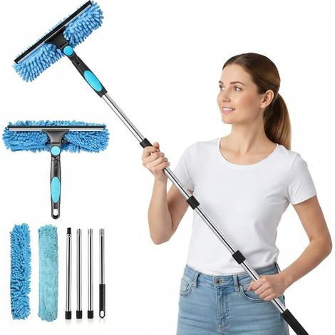 Kit Nettoyage Vitre avec Manche, Raclette Vitre à Tête, Lingettes Lavables pour Fenêtres, Miroir, Douche, Véranda et Vitres (1/5)