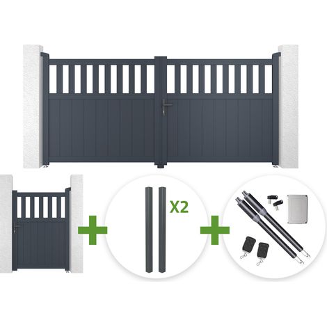 Portail battant 3m SANTIS H.140cm aluminium gris + 4 poteaux ELDA + Portillon 1m SANTIS H.140cm aluminium gris + motorisation Ranger B150 (1/5)