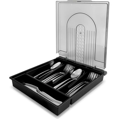 Organisateur d'ustensiles de cuisine à cinq compartiments et couvercle transparent - tiroir à couverts avec compartiments fixes, adapté au rangement dans les tiroirs de cuisine, récipient sans poussiè (1/5)