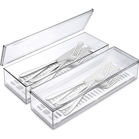 Lot de 2 organiseurs d'argenterie avec couvercle et égouttoir – Organiseur de tiroir de cuisine – Boîte de rangement pour couverts – Porte-ustensiles de table transparent pour cuillères (1/5)