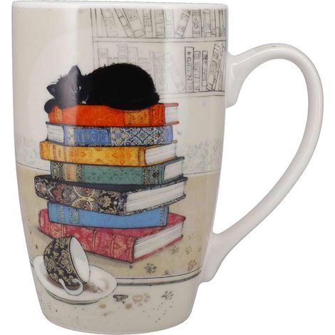 Tasse XL en porcelaine chaton sur pile de livres 490 ml