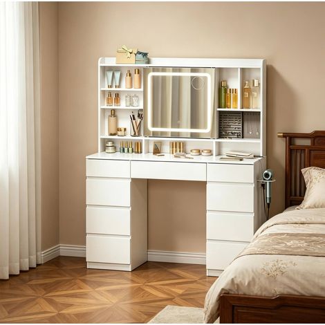 Tocador 110x40x140 cm, con 9 cajones, espejo corredero con LED regulable y enchufes, madera engineered y vidrio blanco (1/5)