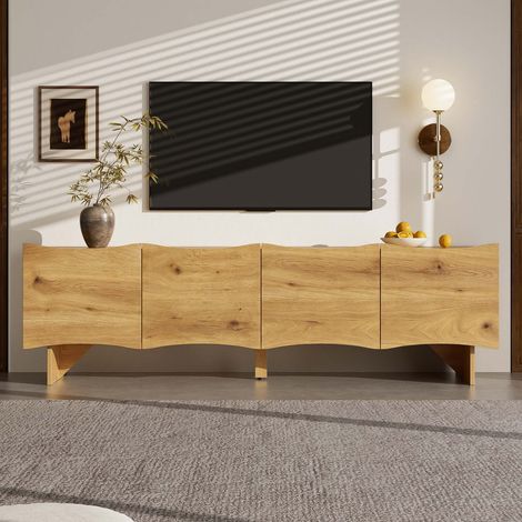 Meuble TV 155 cm bois avec motif ondulé, 4 portes et rangements pour salon (1/5)