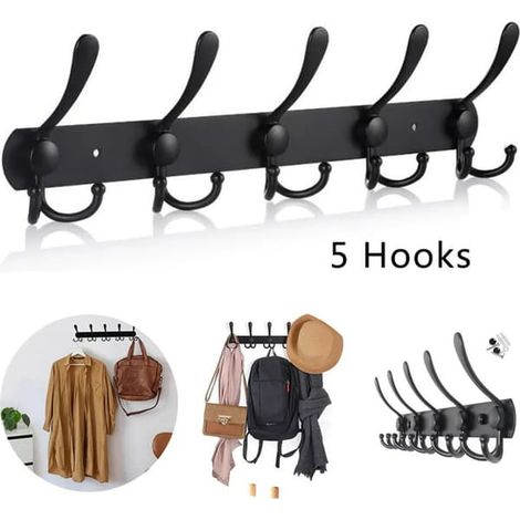 Porte-manteau mural, tringle à vêtements, porte-manteau à crochets, crochet porte-manteau, crochet porte-manteau en acier inoxydable, porte-serviettes avec 5 crochets, noir, 40 cm. (1/4)