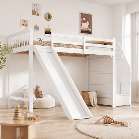 Letto a soppalco bambini 90x200 cm in legno bianco, salvaspazio, senza materasso FloraGrace (1/5)