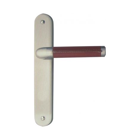 Ouvre&Déco – 1 poignée de porte intérieure réversible design en laiton Nickel mat et cuir marron sur plaque BdC entraxe 195 mm, TEXAS