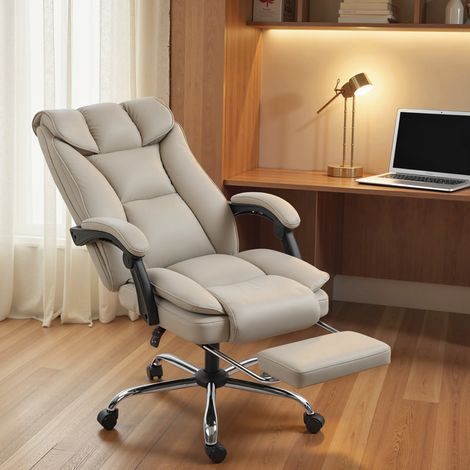 Silla de Escritorio con Reposapiés Respaldo Reclinable Acolchado Grueso Tapizada en Cuero Sintético Caqui (1/5)