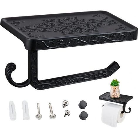 Vintage toilet paper holder with shelf and hook - Toilet roll holder (black finish) (1/5)
