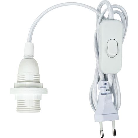 Tibelec – Kit cordon électrique pré-équipé E14 – Câble tissu blanc 1.5m – Douille filetée + 2 bagues – Fiche 2 pôles pour luminaires (1/3)