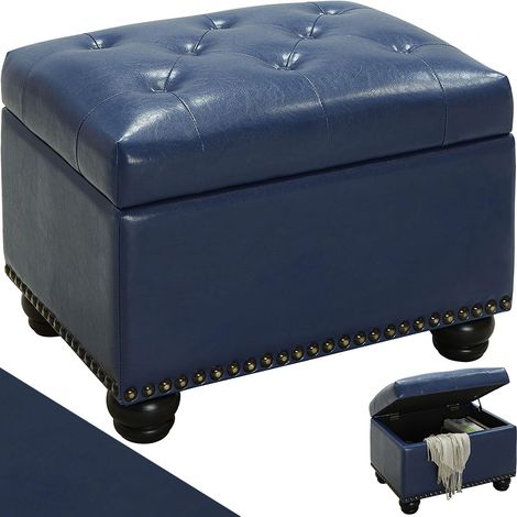 Pouf Contenitore Poggiapiedi in Ecopelle Blu Sgabello con Scomparto Interno (1/5)
