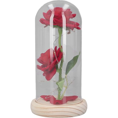 Rose Artificielle Saint-Valentin en Verre Décoratif avec Base Bois LED, 2 Roses Lumineuses Idée Cadeau pour Femme (1/5)