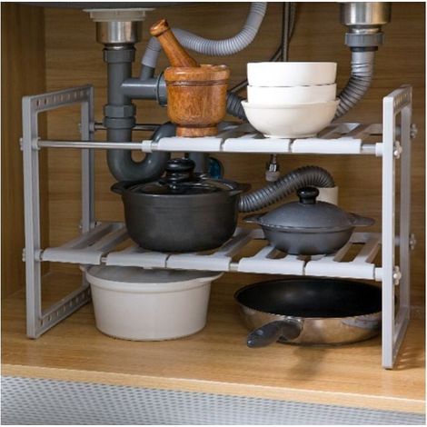 Étagère de Rangement sous Évier - Acier Inoxydable et Plastique PP - Rack Extensible Organisateur - Étagère Extensible de Rangement avec 8 Panneaux Amovibles - Gris (1/5)