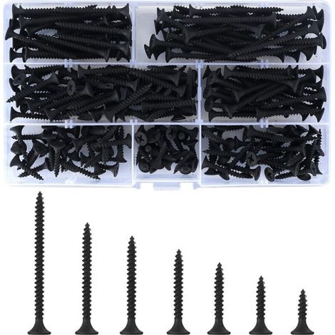 220 Pièces Vis à Bois Autotaraudeuses, M3,5 x (16/20/25/30/35/40/50) mm Vis Autoforeuse à Tête Plate Croisée Noire, Vis à Métaux pour Cloisons Sèches Meubles