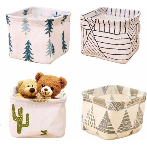 Mini Panier de Rangement, Panier de Rangement en Tissu, 4 Pcs Boîte de Rangement Carrée Imperméable Pliable, Organisateur Panier Rangement en Tissu de Coton Lin Naturel pour Étagères, Bureau (1/5)