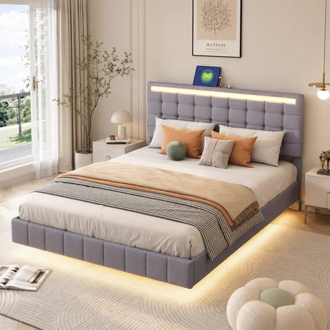 Lit capitonné 140×200 cm, lumière LED , lit double avec port USB, cadre de lit 140×200, tête de lit réglable, design flottant, style moderne, sommier à lattes, lit adulte, Lin, Gris (1/5)