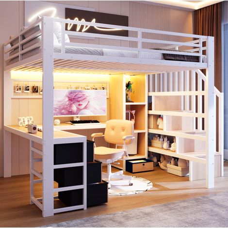 Hochbett 140x200 cm Weiß aus Metall und MDF mit Schreibtisch, Stauraum und LED-Lichtleiste (1/5)