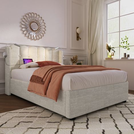 Cama Individual 90x200 cm con luz lectura y carga cabecero almacenaje somier útil natural lino juvenil (Sin Colchón) (1/5)