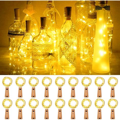 Lot de 18 guirlandes lumineuses améliorées pour bouteilles de vin, à piles, 2 m, 20 LED, pour décoration de table (blanc chaud) - Idéales pour les fêtes, mariages, Noël, anniversaires et autres occasi