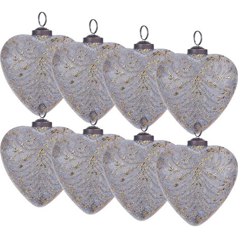 Set of 8 Christmas Baubles Grey Glass Hanging Heart Shaped Xmas Tree Handmade Balls Holiday Decor FERIABLE