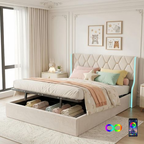 Lit coffre 140x190 cm Beige – sommier à lattes - avec espace de rangement et éclairage LED intégré – Design scandinave, velours