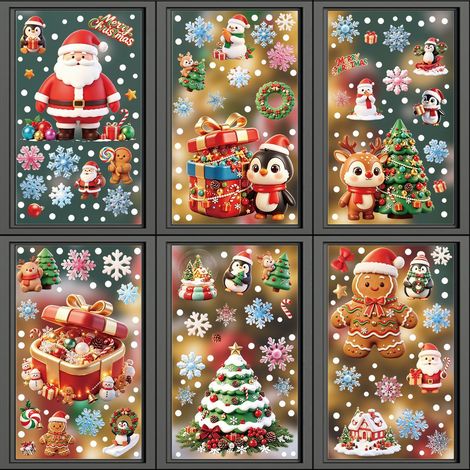 Autocollants électrostatiques représentant le Père Noël, un bonhomme de neige et un bonhomme en pain d'épice, pour une ambiance festive, la décoration de chambres et de vitrines - [Six combinaisons] 1