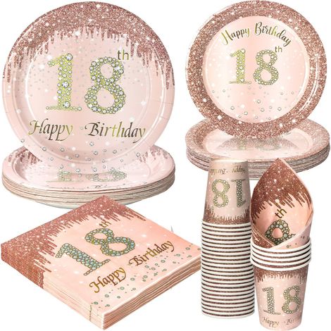 Lot de 96 assiettes en carton pour fête d'anniversaire - Or rose 18e anniversaire - Décoration de table pour 24 invités (1/5)